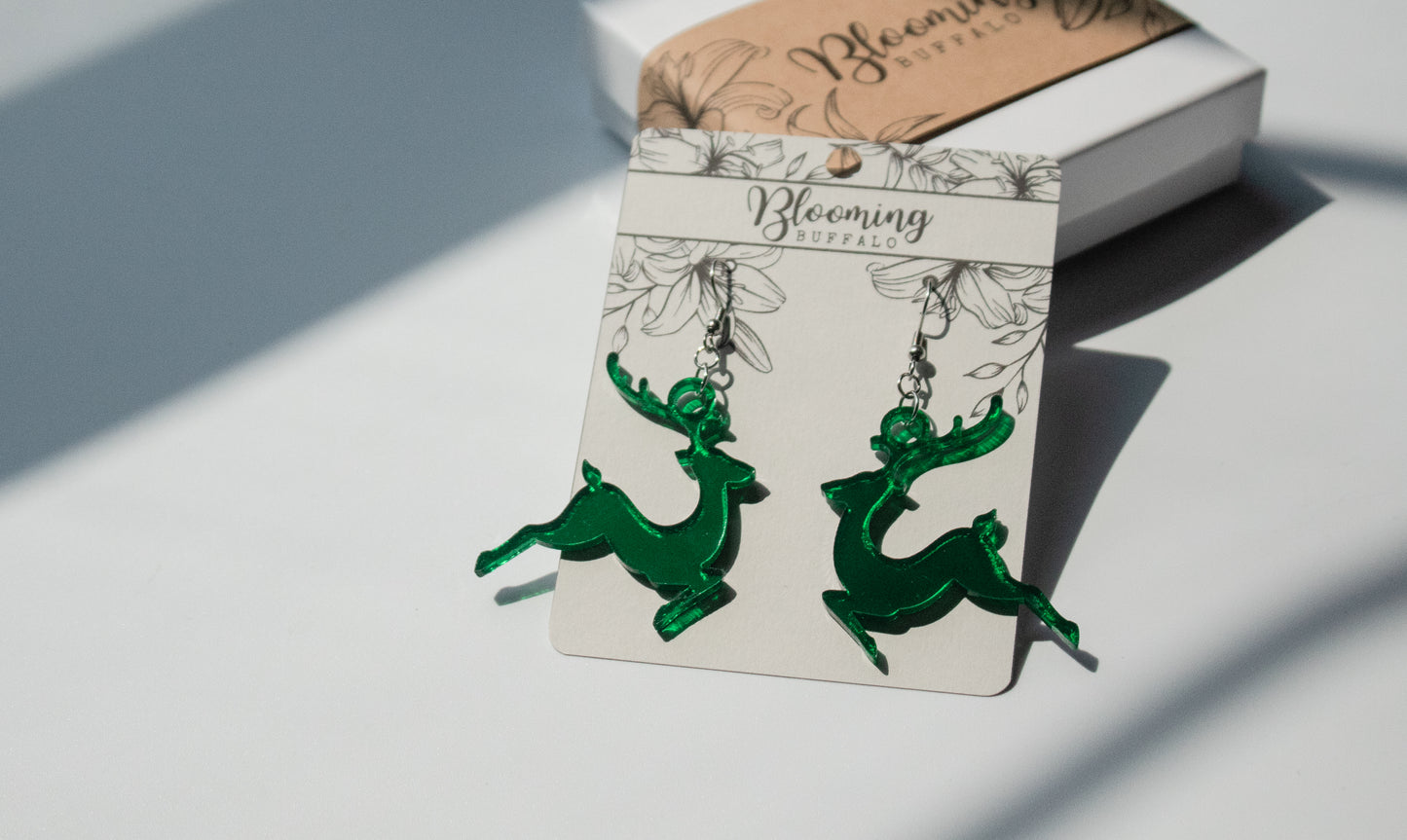 Green Mirror Reindeer Dangle Earrings