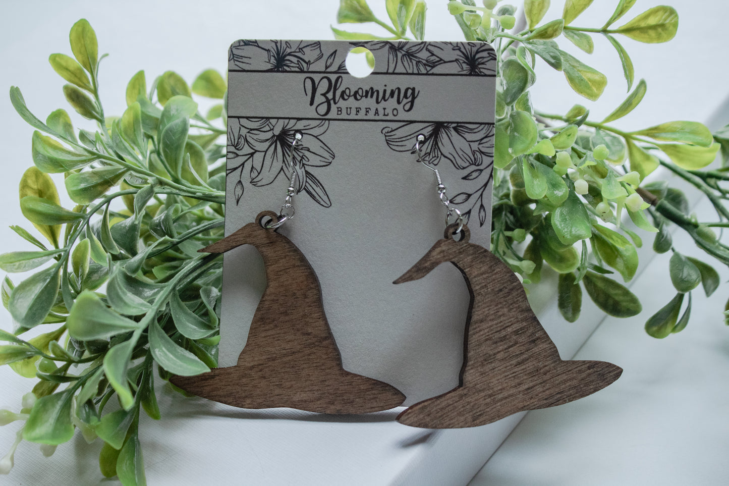 Natural Wood Witch Hat Dangle Earrings