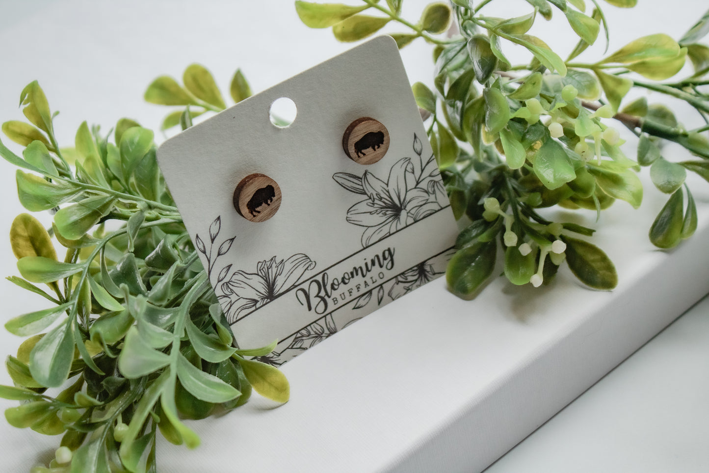Engraved Buffalo Wood Stud Earring