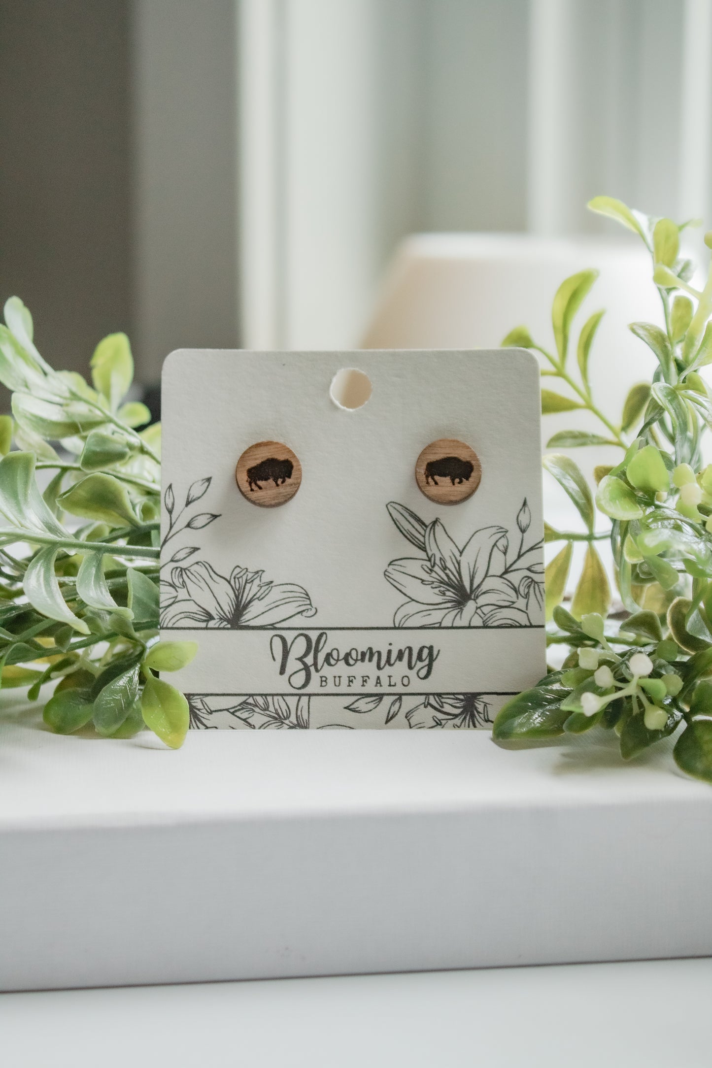 Engraved Buffalo Wood Stud Earring