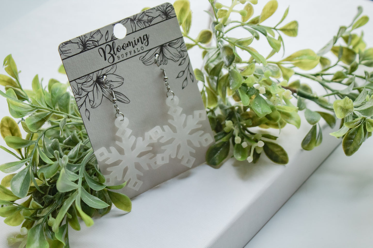 Frosted White Snowflake Dangle Earrings