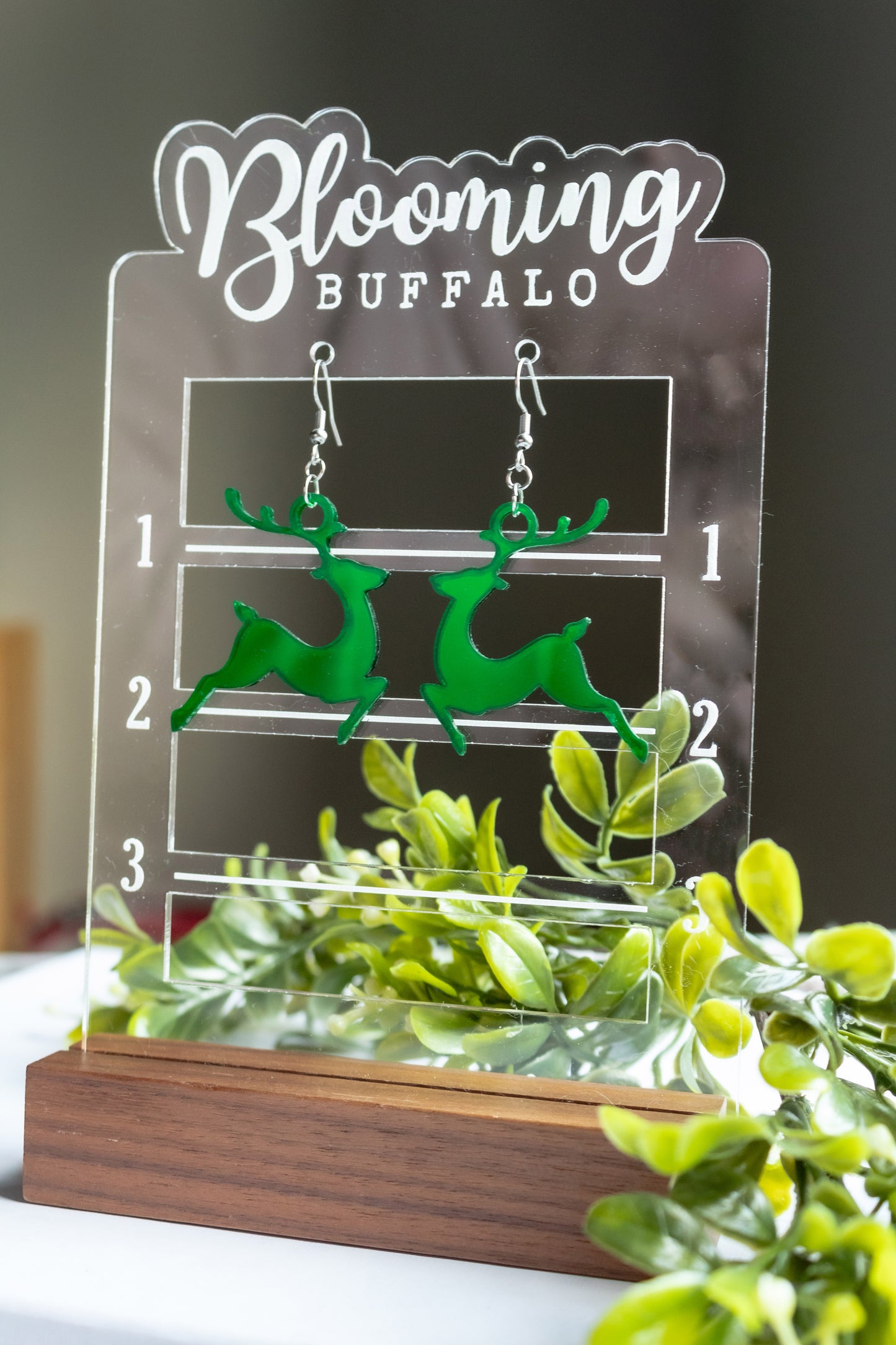 Green Mirror Reindeer Dangle Earrings