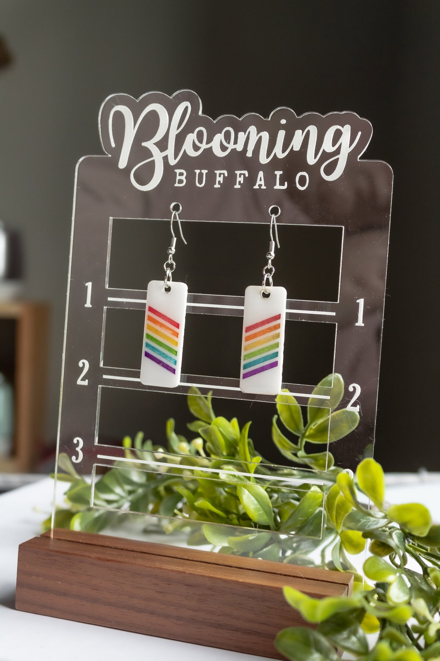 white rectangle dangle earrings with rainbow stripes on Blooming Buffalo branded earring stand
