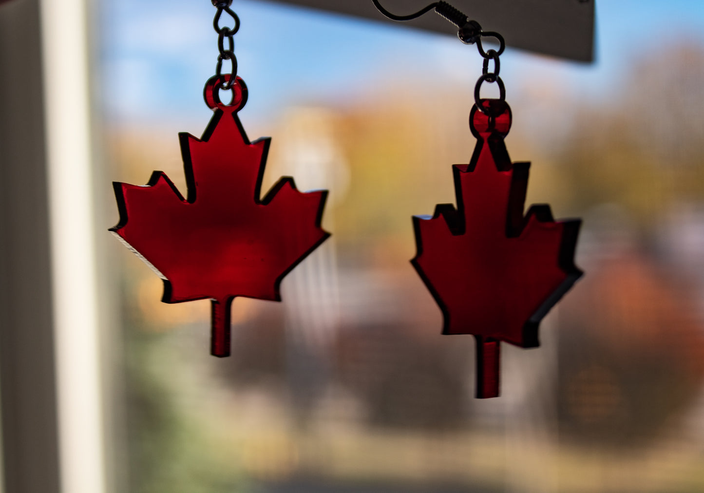 translucent dark red maple leaf dangle earrings in front of a window with light shining through