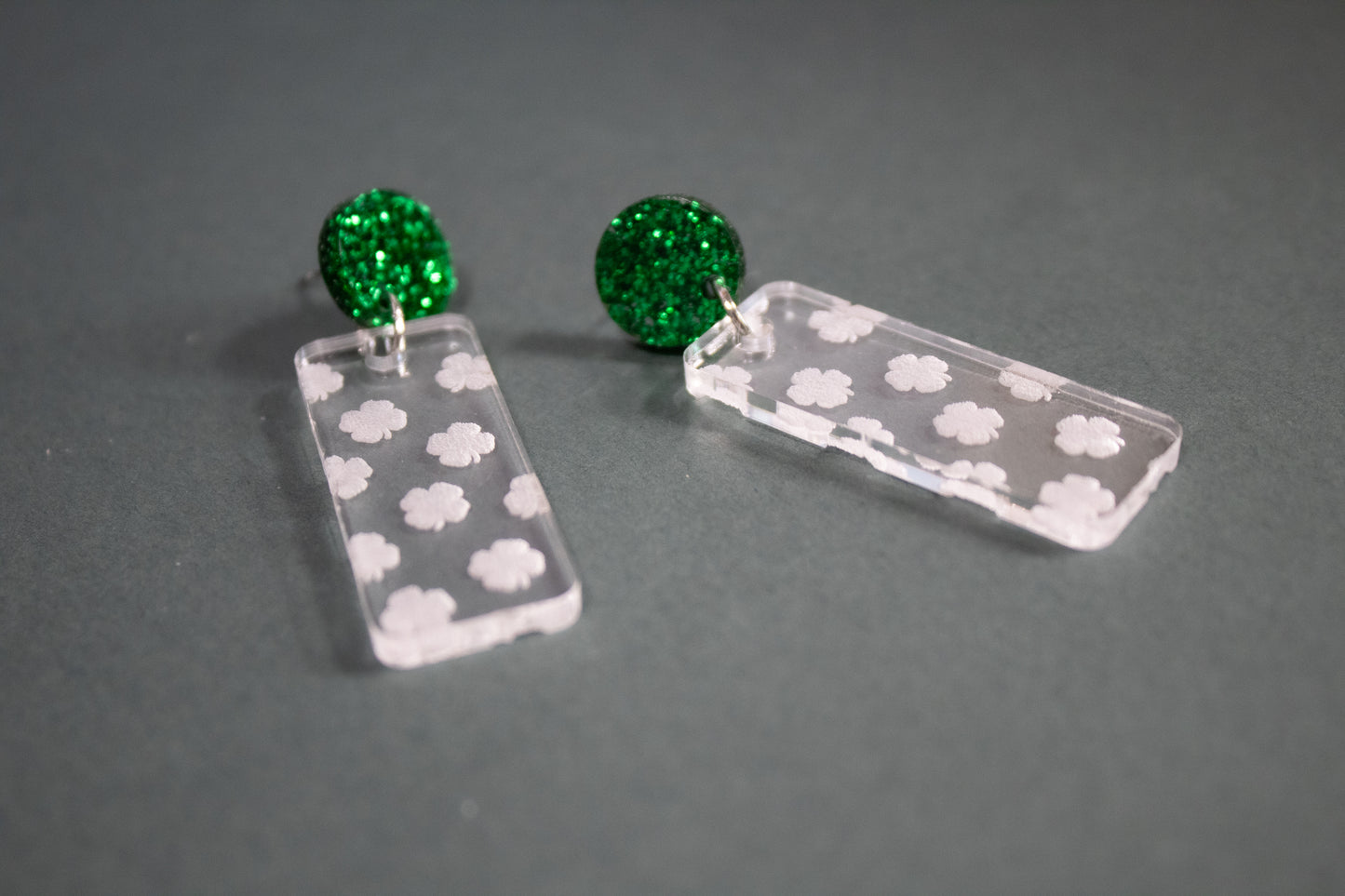 Green Glitter Shamrock Rectangle Dangle Earrings