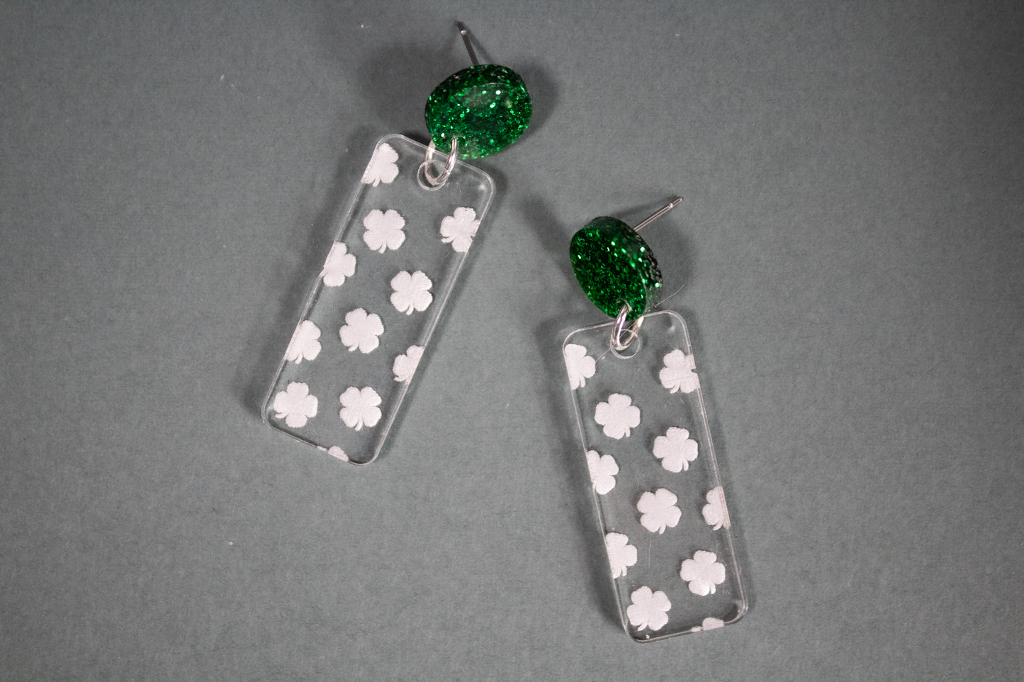 Green Glitter Shamrock Rectangle Dangle Earrings
