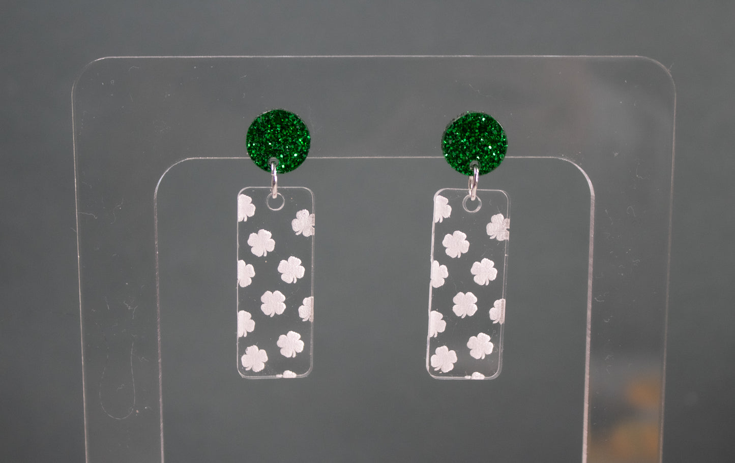 Green Glitter Shamrock Rectangle Dangle Earrings