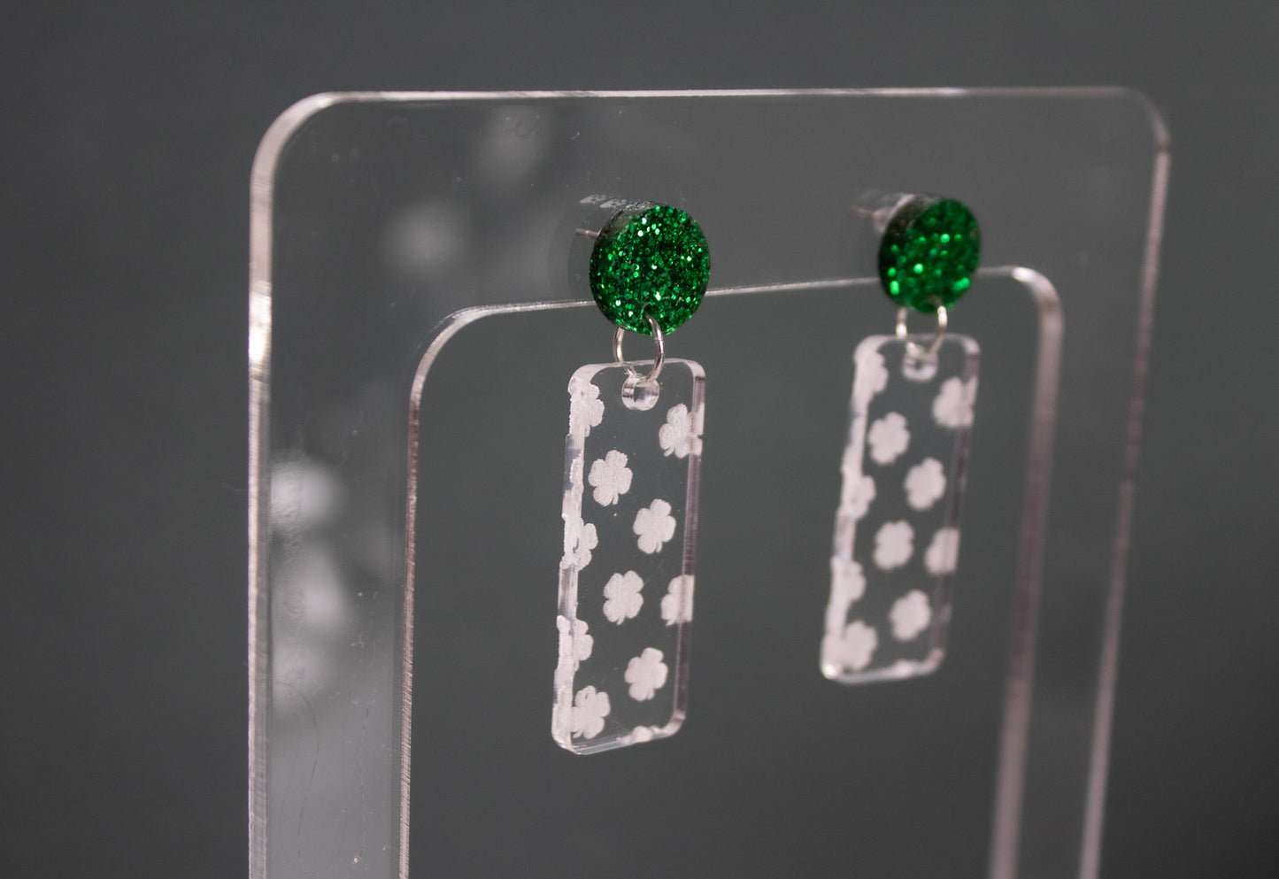 Green Glitter Shamrock Rectangle Dangle Earrings
