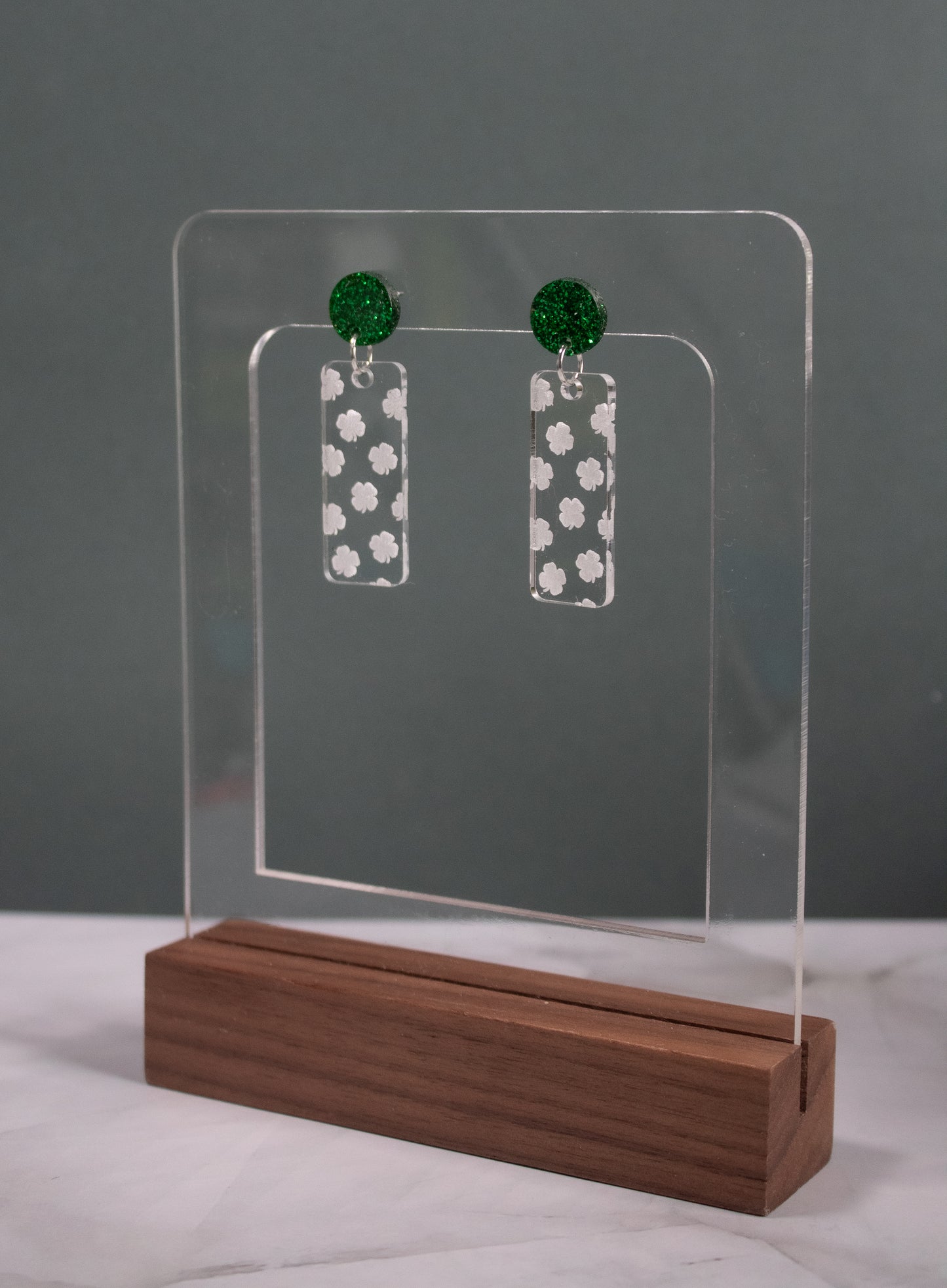 Green Glitter Shamrock Rectangle Dangle Earrings