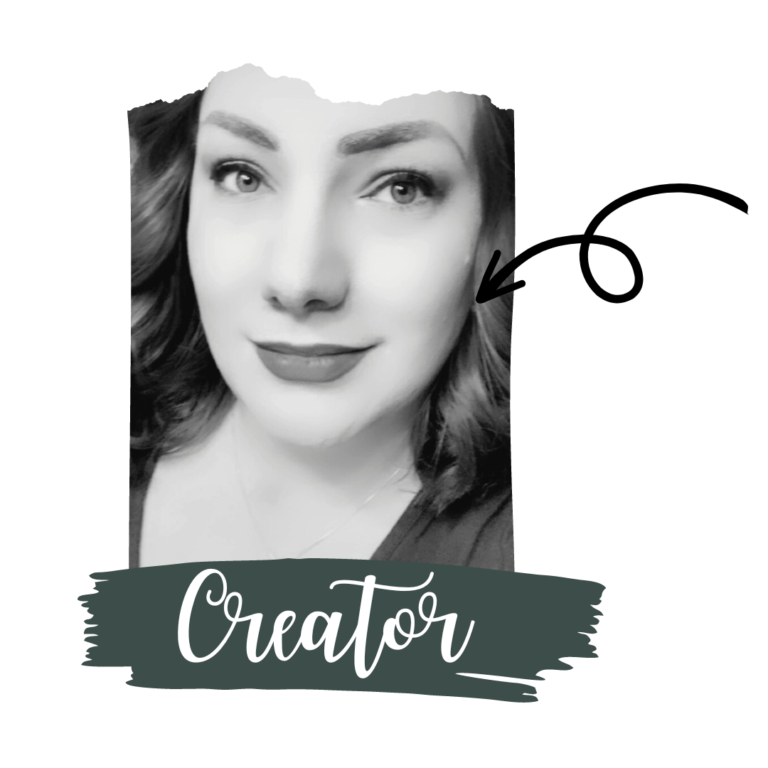 Black and white photo of a woman with the word creator over a paint stroke in a dark green.